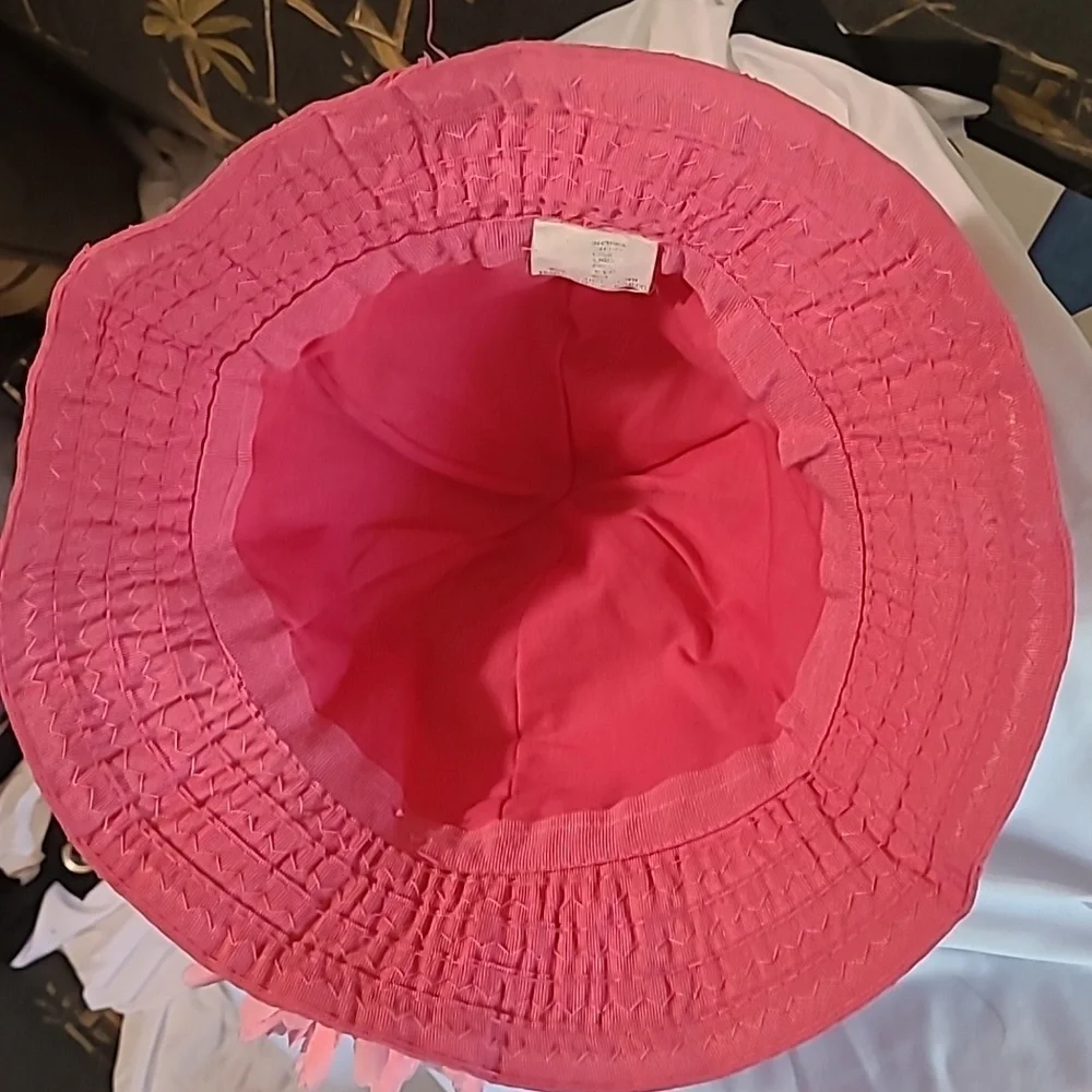 Girls toddler pink yellow striped aqua sun beach hat with fluffy floral accent